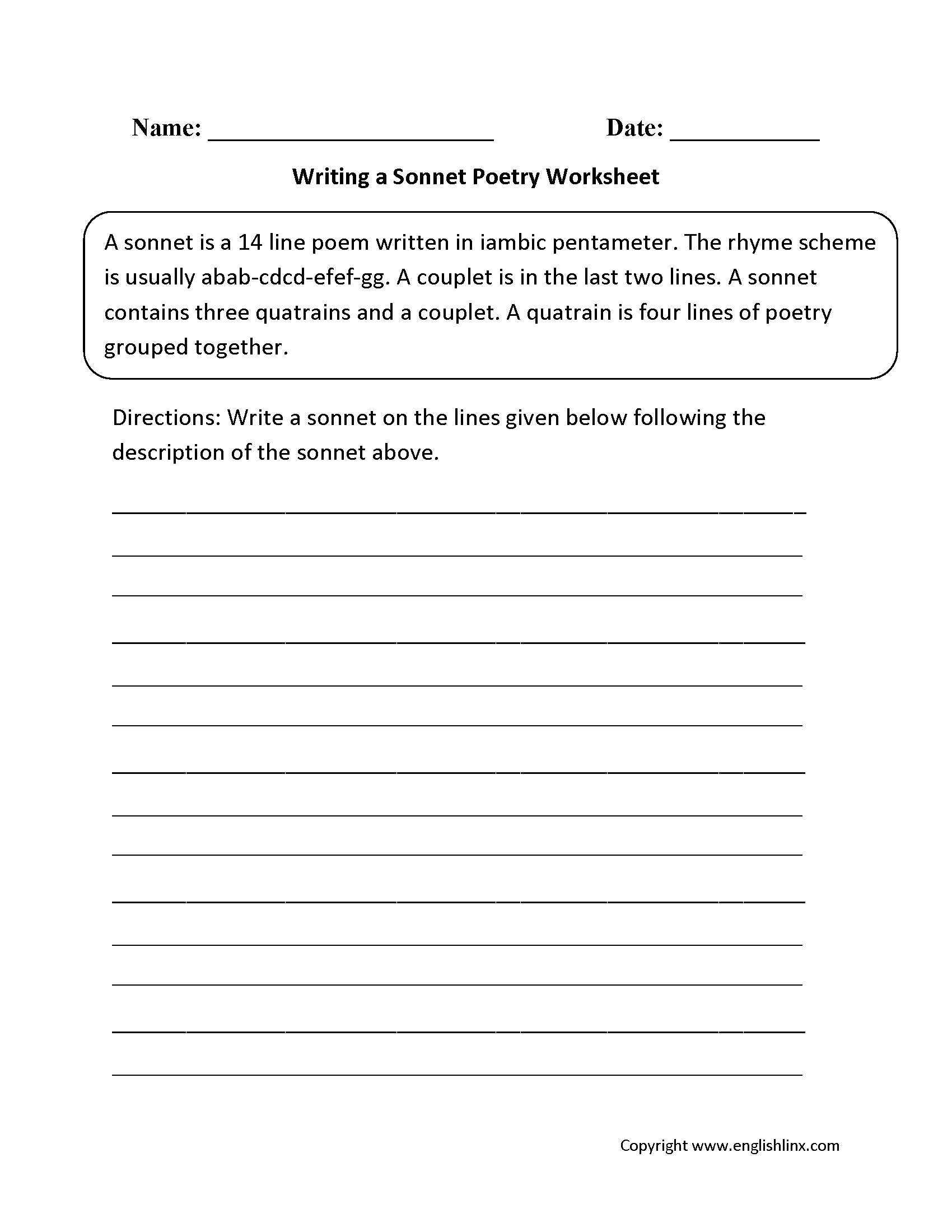 Poetry Worksheets Writing Sonnet Poetry Worksheets Worksheets Library