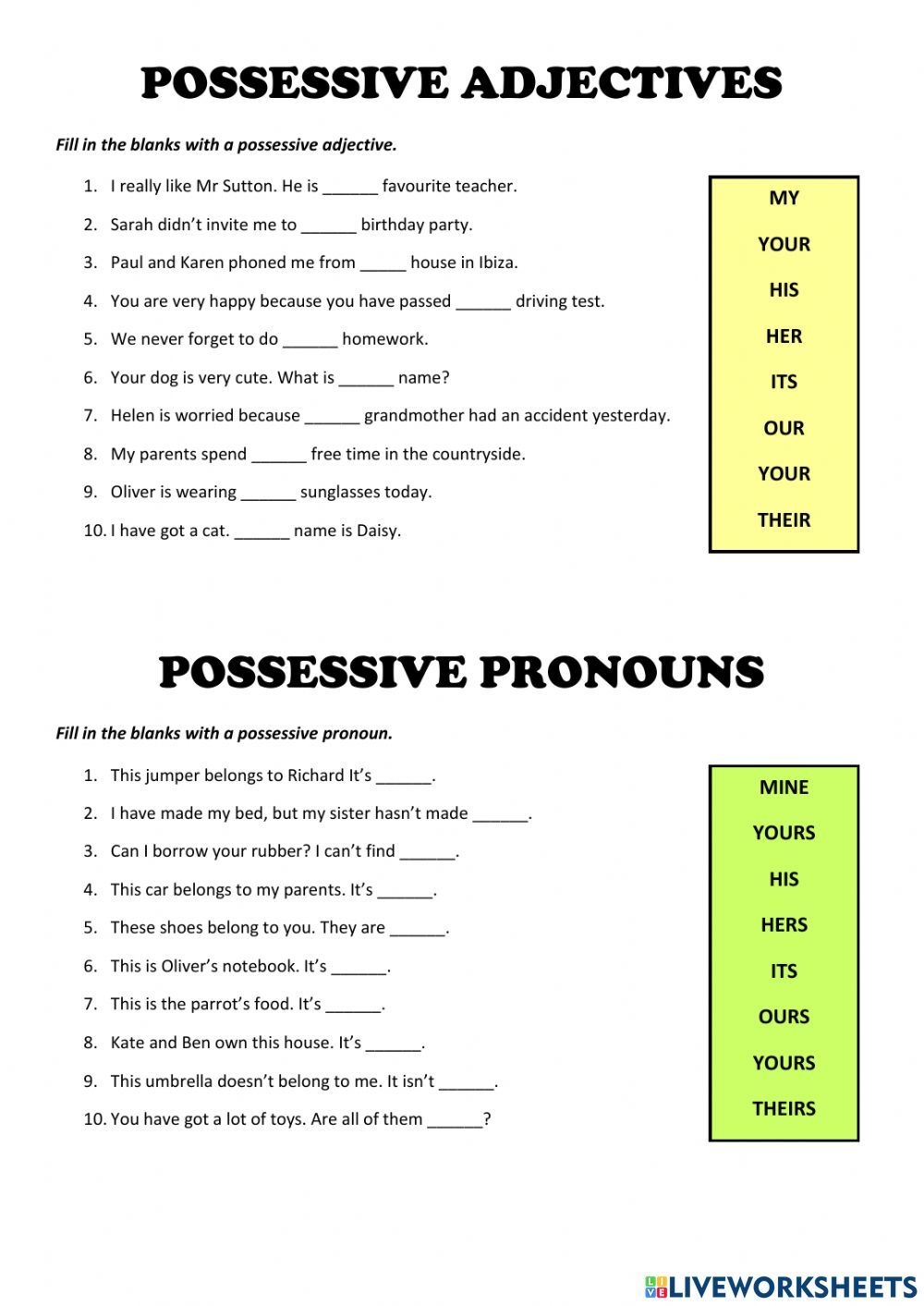 Possessive Adjectives And Pronouns Online Pdf Exercise POSSESSIVE ADJECTIVES POSSESSIVE PRONOUNS ESL Worksheet By Jecika