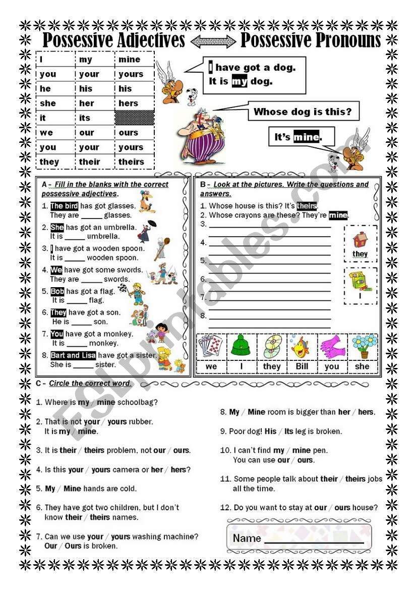 POSSESSIVE ADJECTIVES POSSESSIVE PRONOUNS ESL Worksheet By Jecika POSSESSIVE ADJECTIVES POSSESSIVE PRONOUNS ESL Worksheet By Jecika