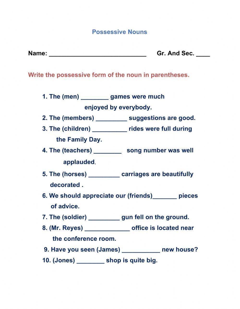 Possessive Nouns Online Activity For Grade 5 Worksheets Library