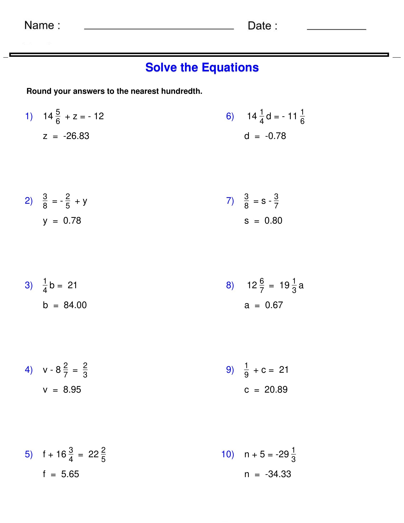 Pre Algebra Equations One Step Equations Containing Fractions Worksheets Made By Teachers Fifth Grade Adding Fractions Worksheet