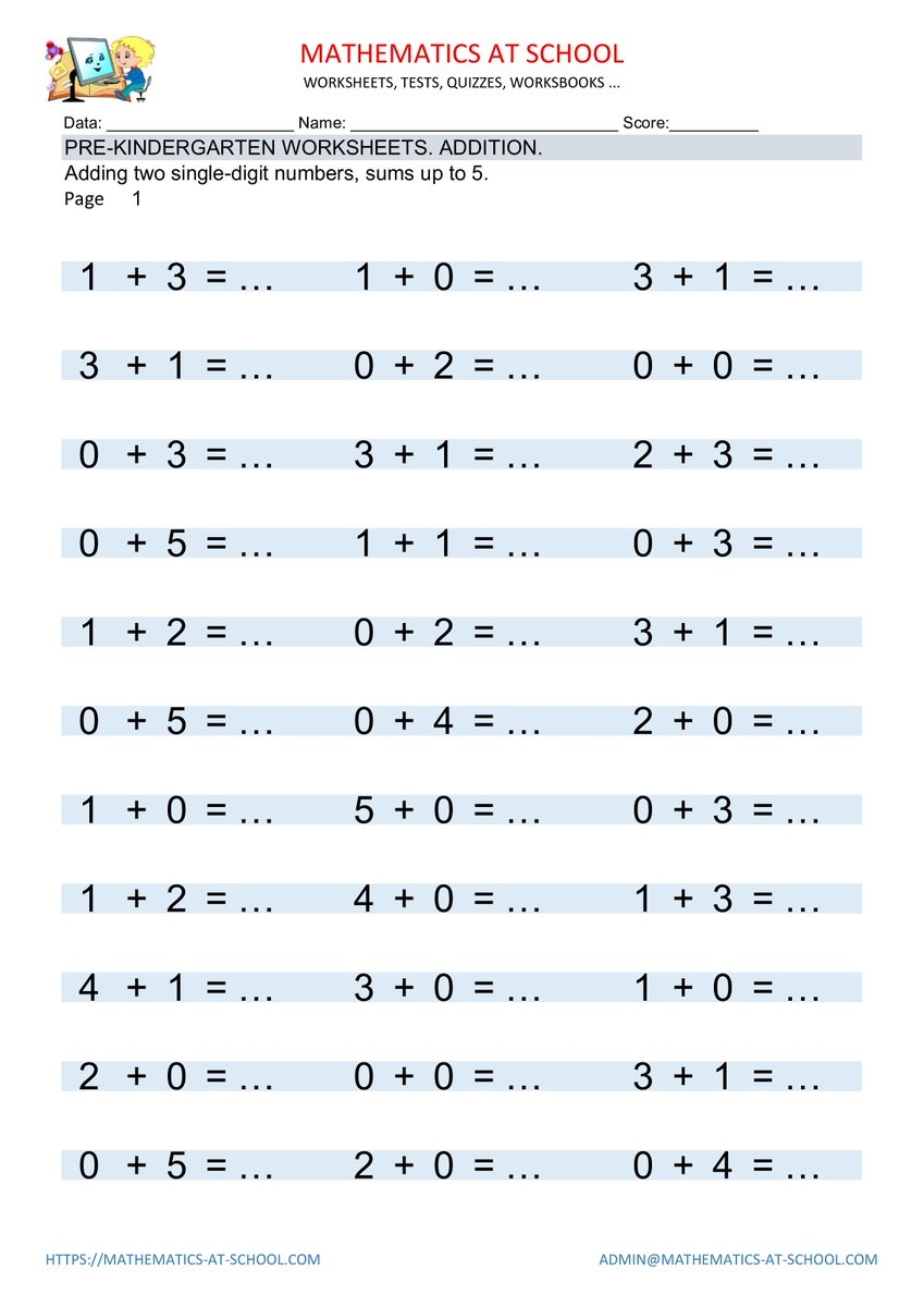 PRE KINDERGARTEN WORKSHEETS Numbers Addition Free Printable Pdf Adding Two Single Digit Numbers Sums Up To 5 Worksheets With Answers Https T Co LJqlbqJwn2 Pre K Prekindergarten Math Worksheets Addition Adding Add Shapes Pdf Free