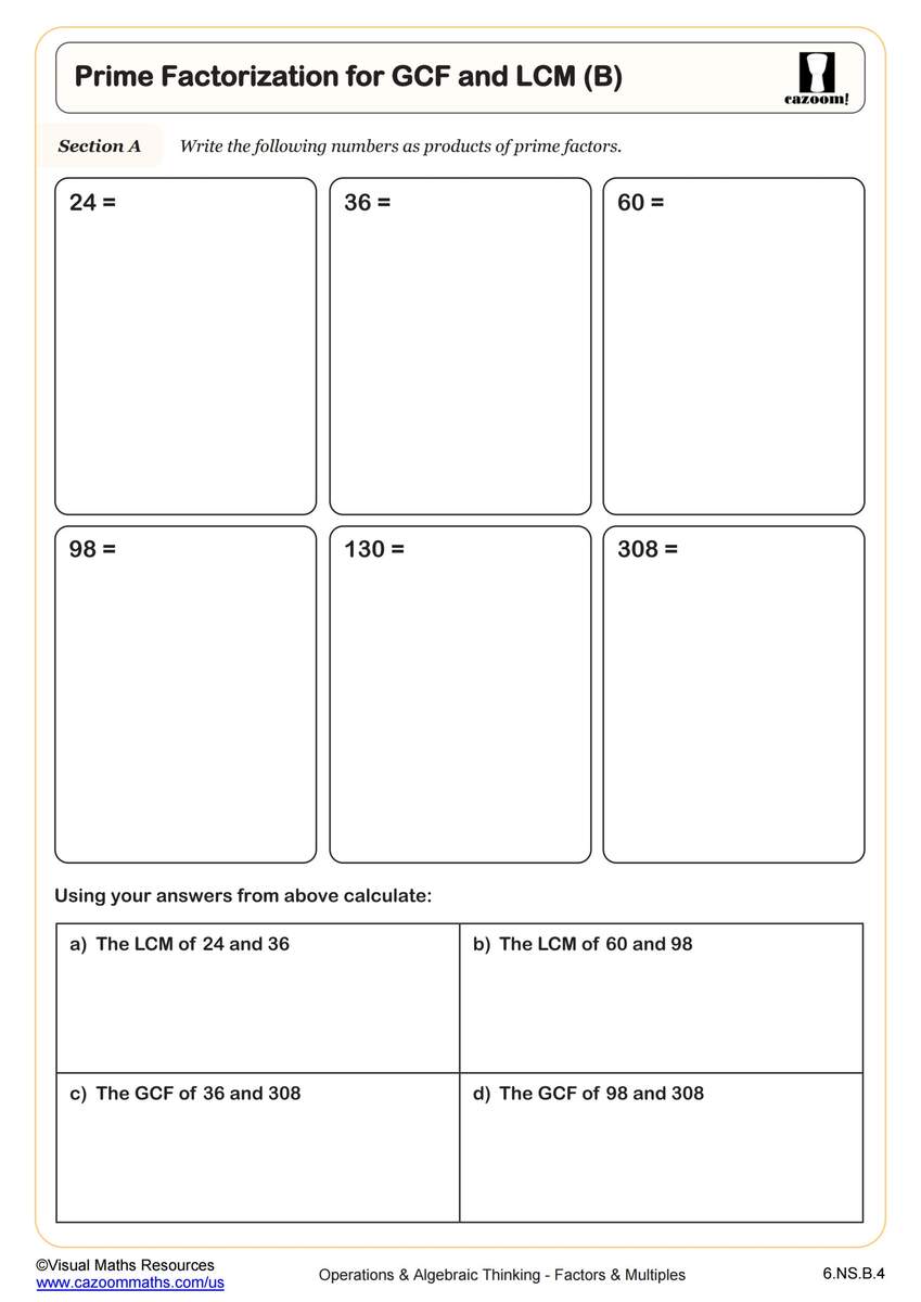 Prime Factorization For GCF And LCM B Worksheet Fun And Engaging 6th Grade PDF Worksheets Cazoom Math