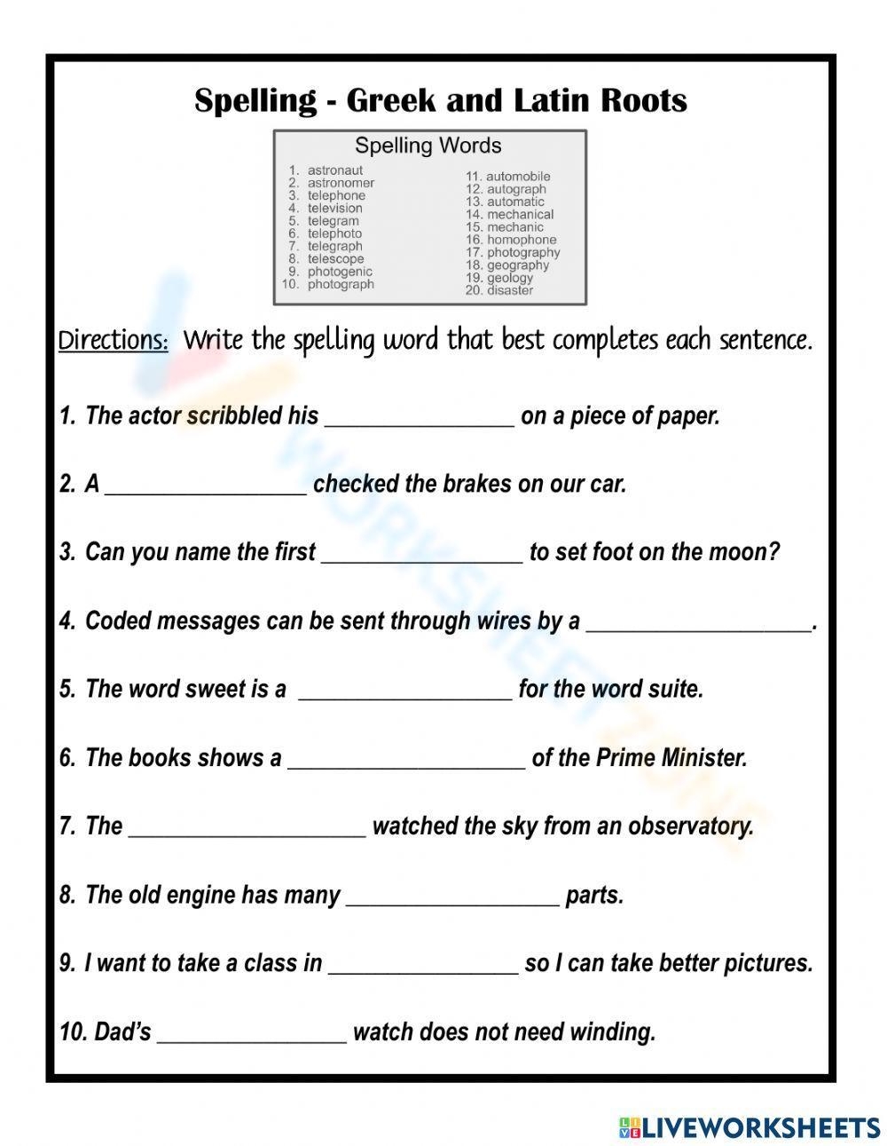 Printable 5th Grade Greek And Latin Roots Worksheets