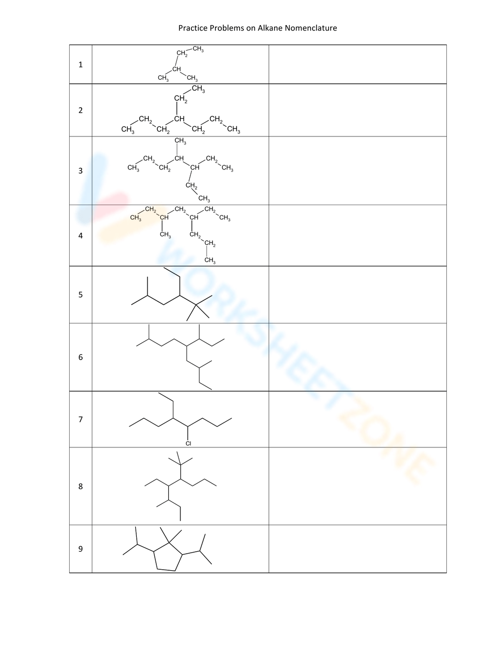 Printable 9th Grade Naming Alkanes Worksheets