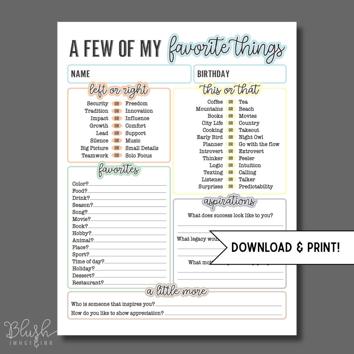 Printable all About Me Favorites Worksheet For Adults Self Discovery Team Building Office Icebreaker Mental Health Journal Printable Staff Etsy
