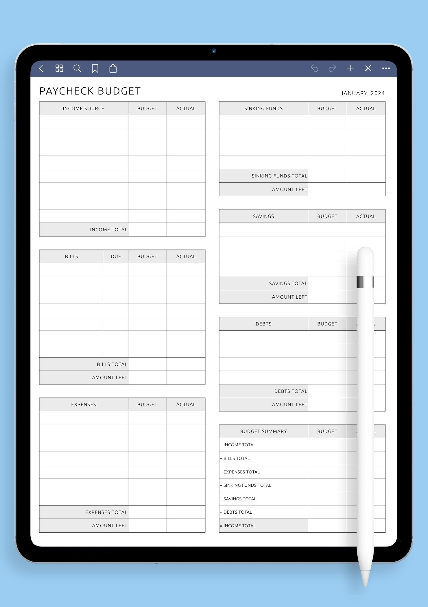 Printable And Digital Paycheck Budget Template Download PDF For ReMarkable Supernote Boox