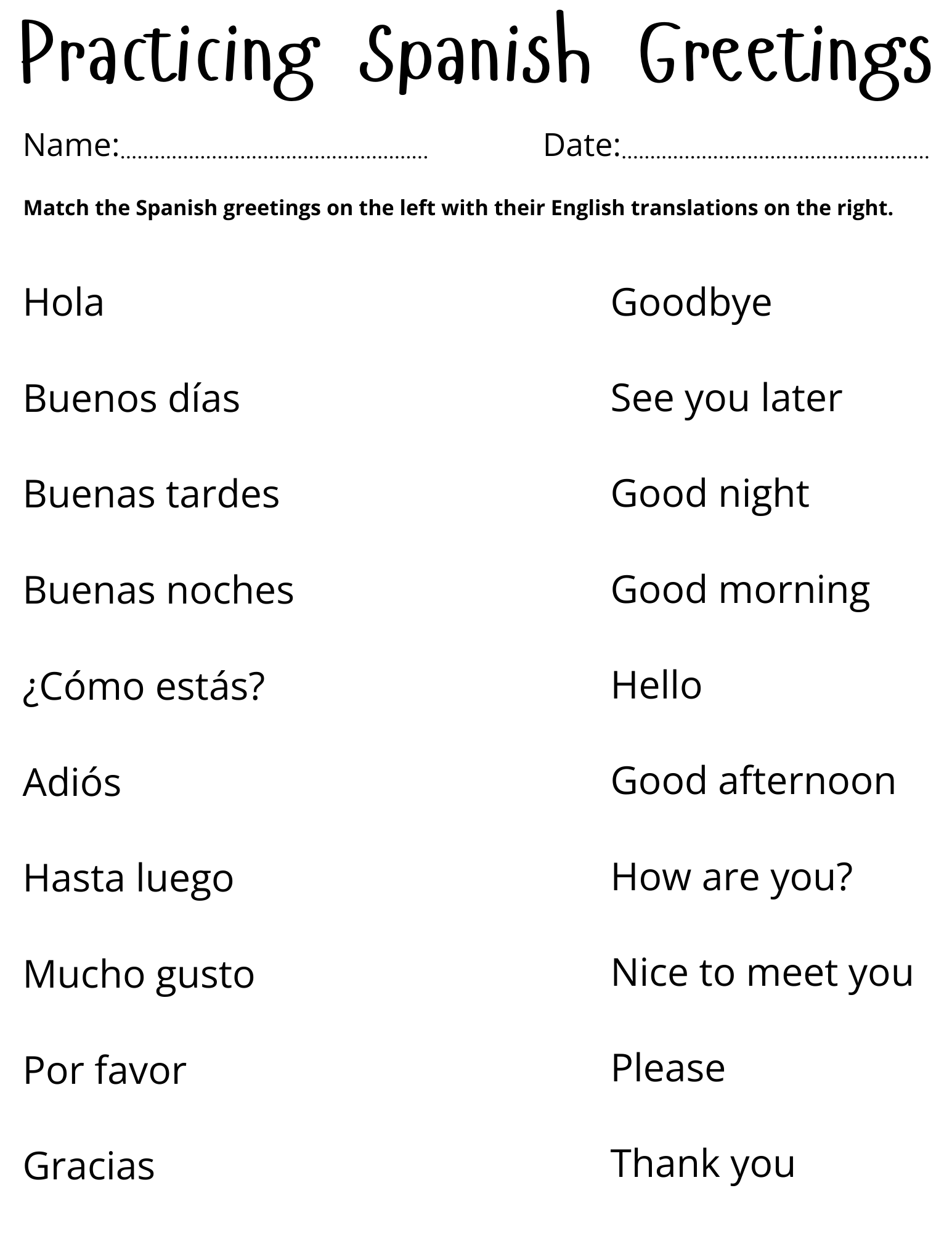 Free Printable Beginning Spanish Worksheet