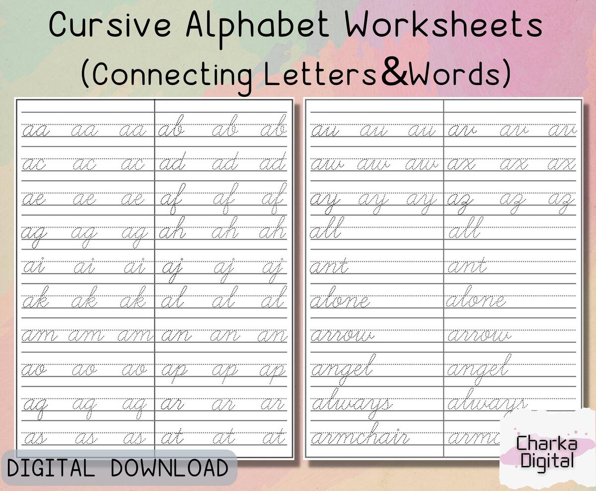Printable Cursive Alphabet Worksheets Handwritting Practice Pages How To Connect Cursive Letters Cursive Writing Practice Etsy