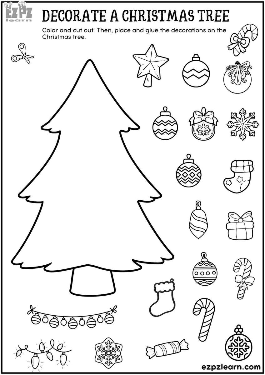 Printable Cut And Paste Decorate A Christmas Tree Fun DIY Holiday Craft For Kids Ezpzlearn Christmas Tree Template Free Printables Superstar Worksheets