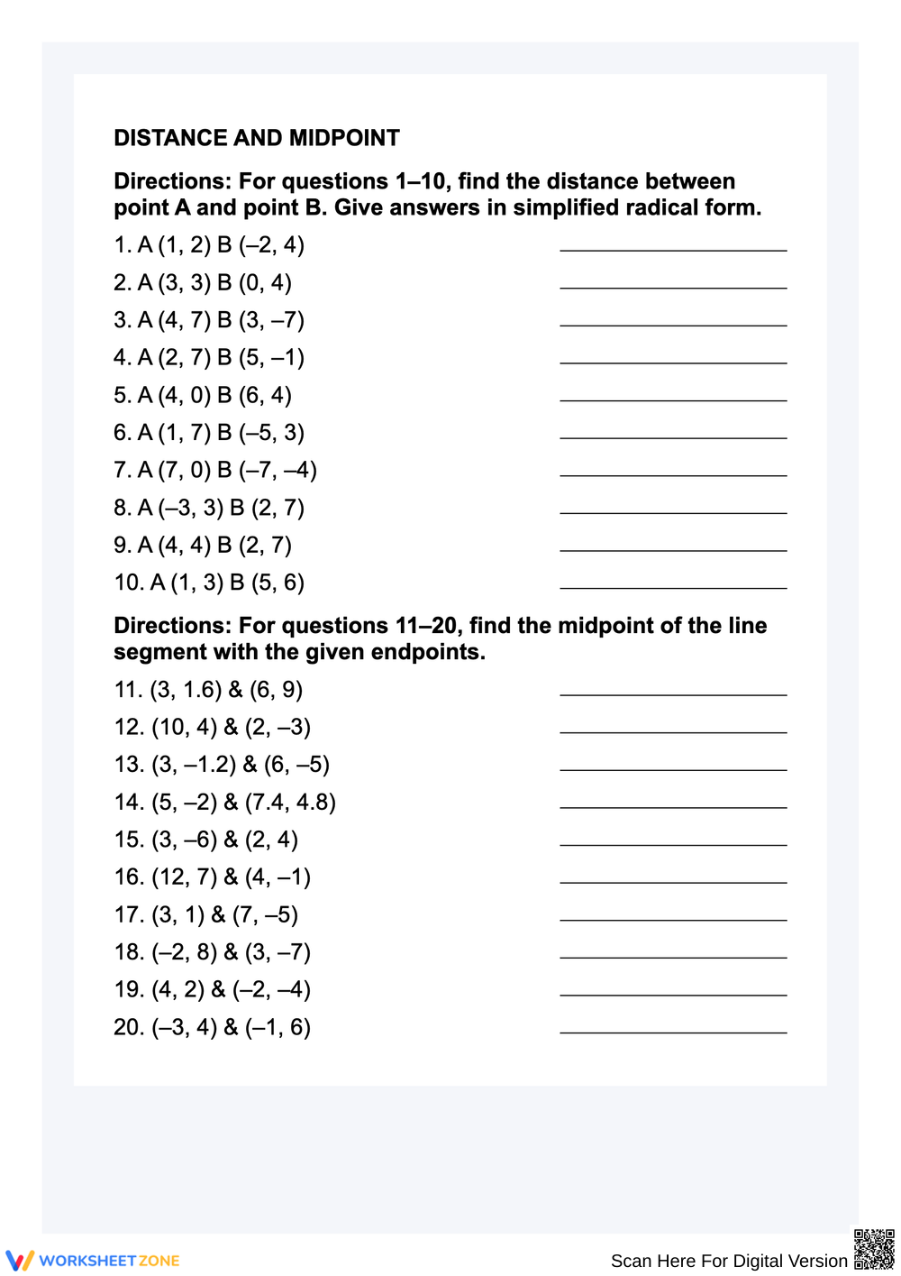 Printable Midpoint And Distance Formula Worksheets Download