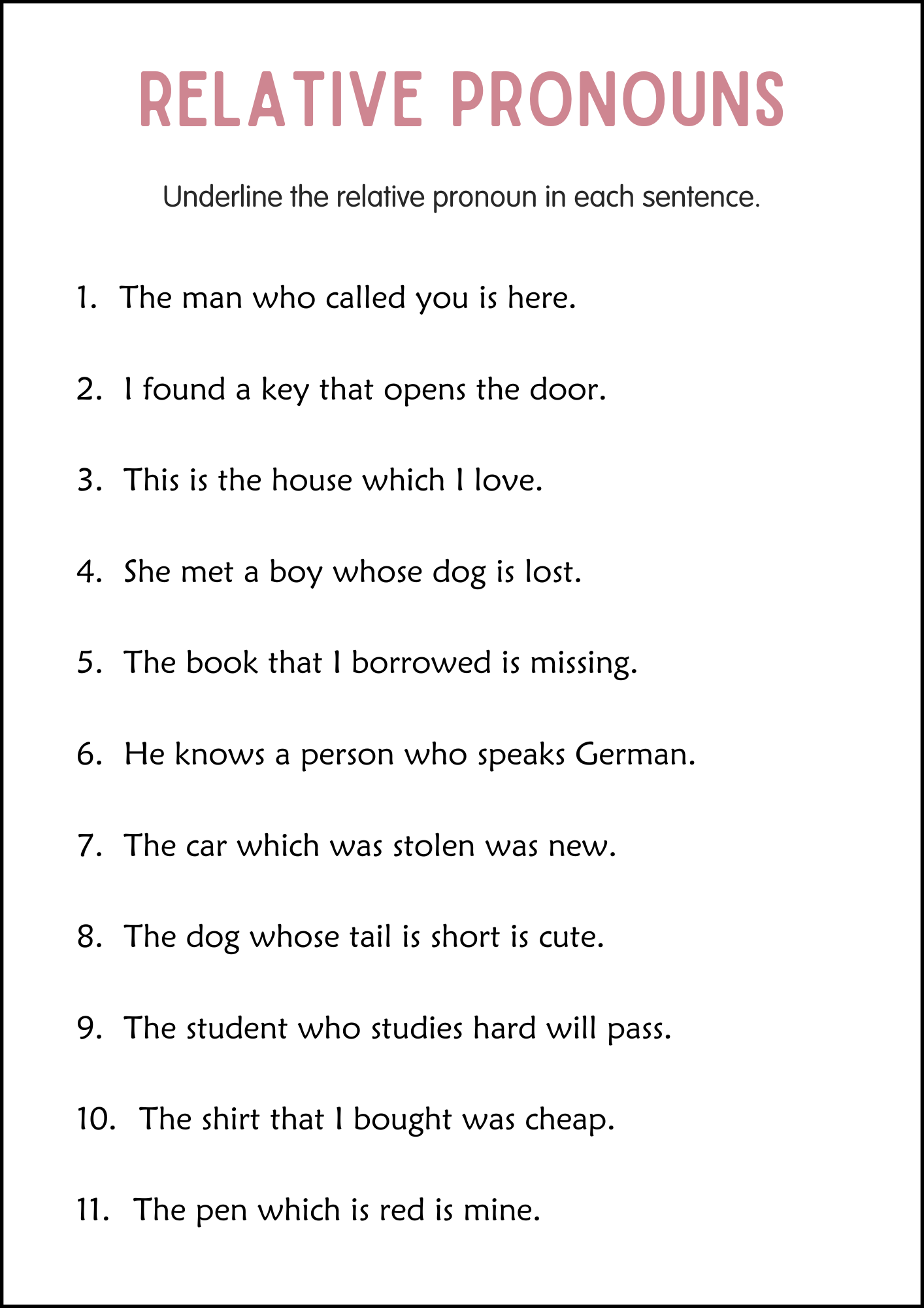 Printable Relative Pronouns Practice Grammar Worksheets For Grade 2 3 4 Made By Teachers