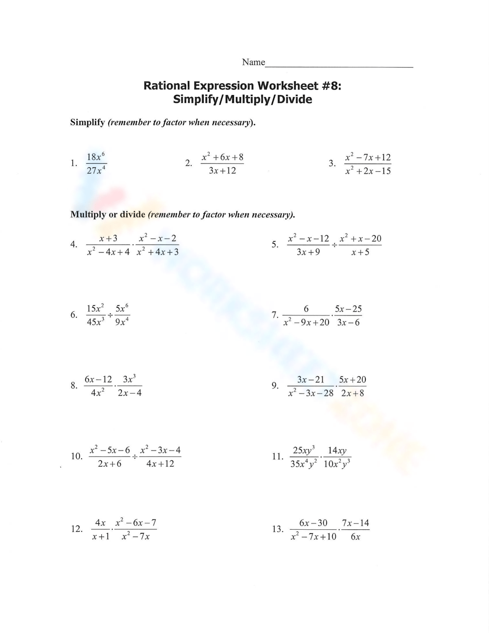 Printable Simplifying Rational Expressions Worksheets Printable Simplifying Rational Expressions Worksheets