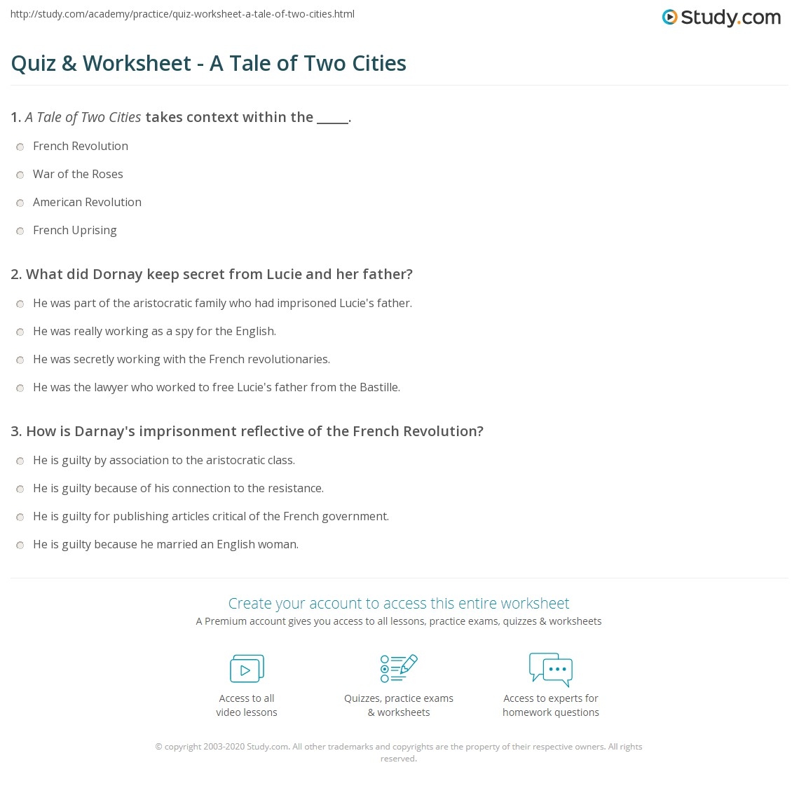 Quiz Worksheet A Tale Of Two Cities Study A Tale Of Two Cities Study Guide Questions Answers