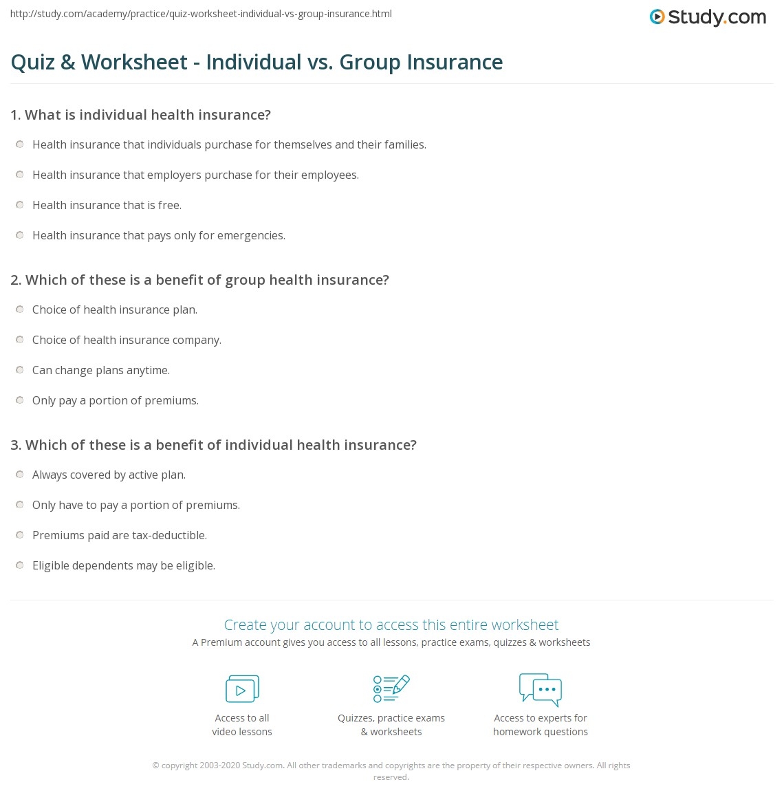 Quiz Worksheet Individual Vs Group Insurance Study Quiz Worksheet Individual Vs Group Insurance Study