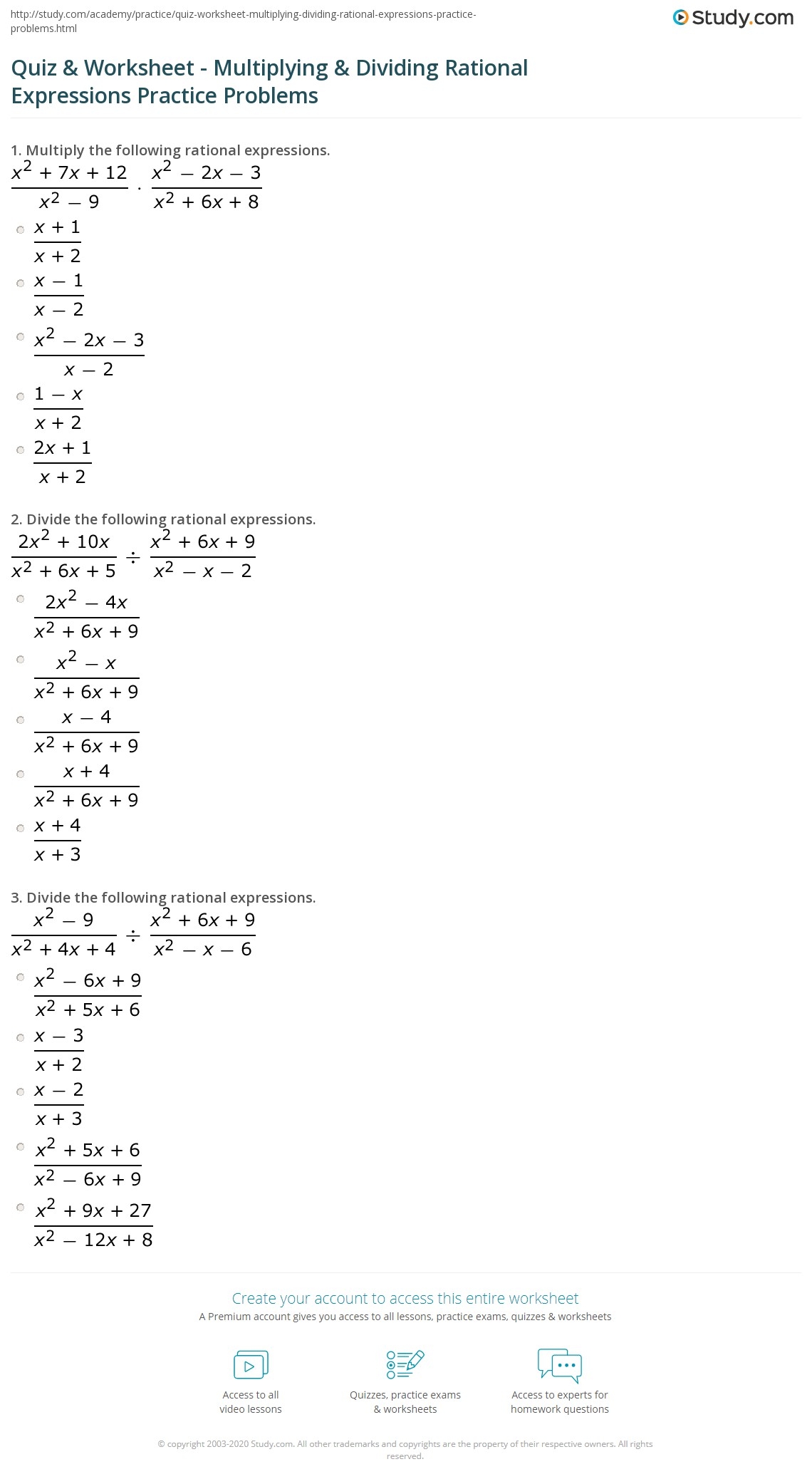 Quiz Worksheet Multiplying Dividing Rational Expressions Practice Problems Study