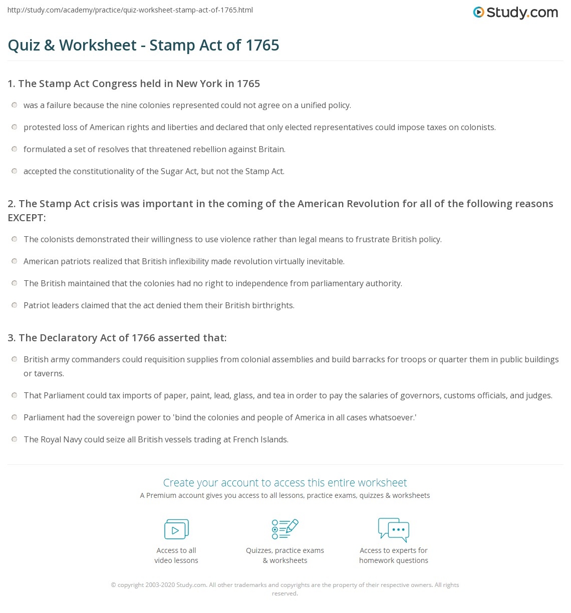 Quiz Worksheet Stamp Act Of 1765 Study Quiz Worksheet Stamp Act Of 1765 Study
