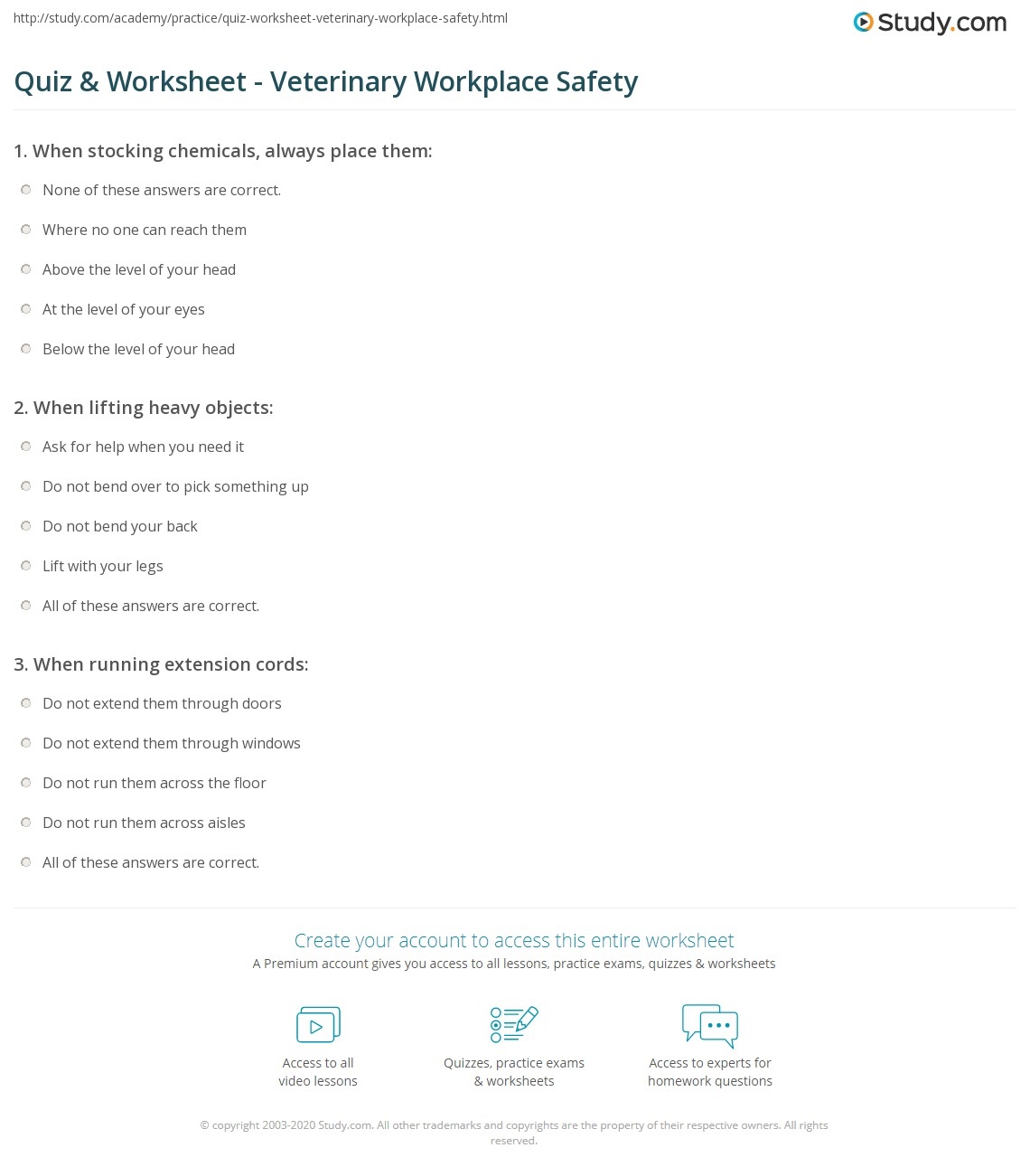 Quiz Worksheet Veterinary Workplace Safety Study