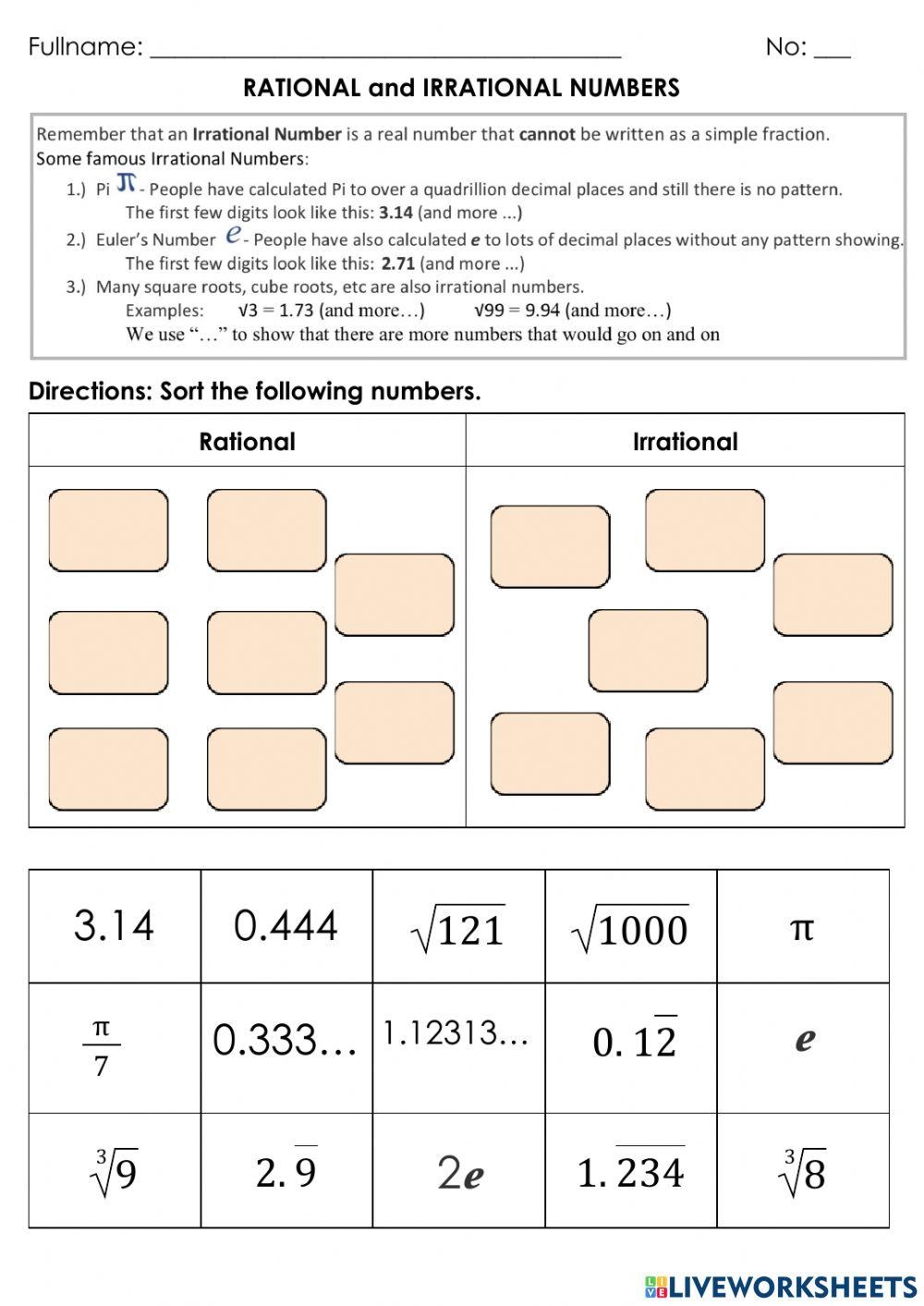 Rational And Irrational Numbers Exercise Worksheets Library