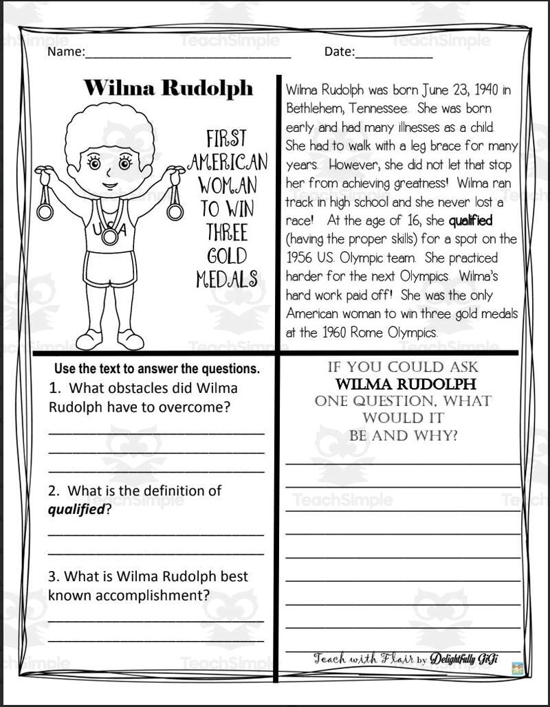 Reading Comprehension For Black History Month Wilma Rudolph By Teach Simple