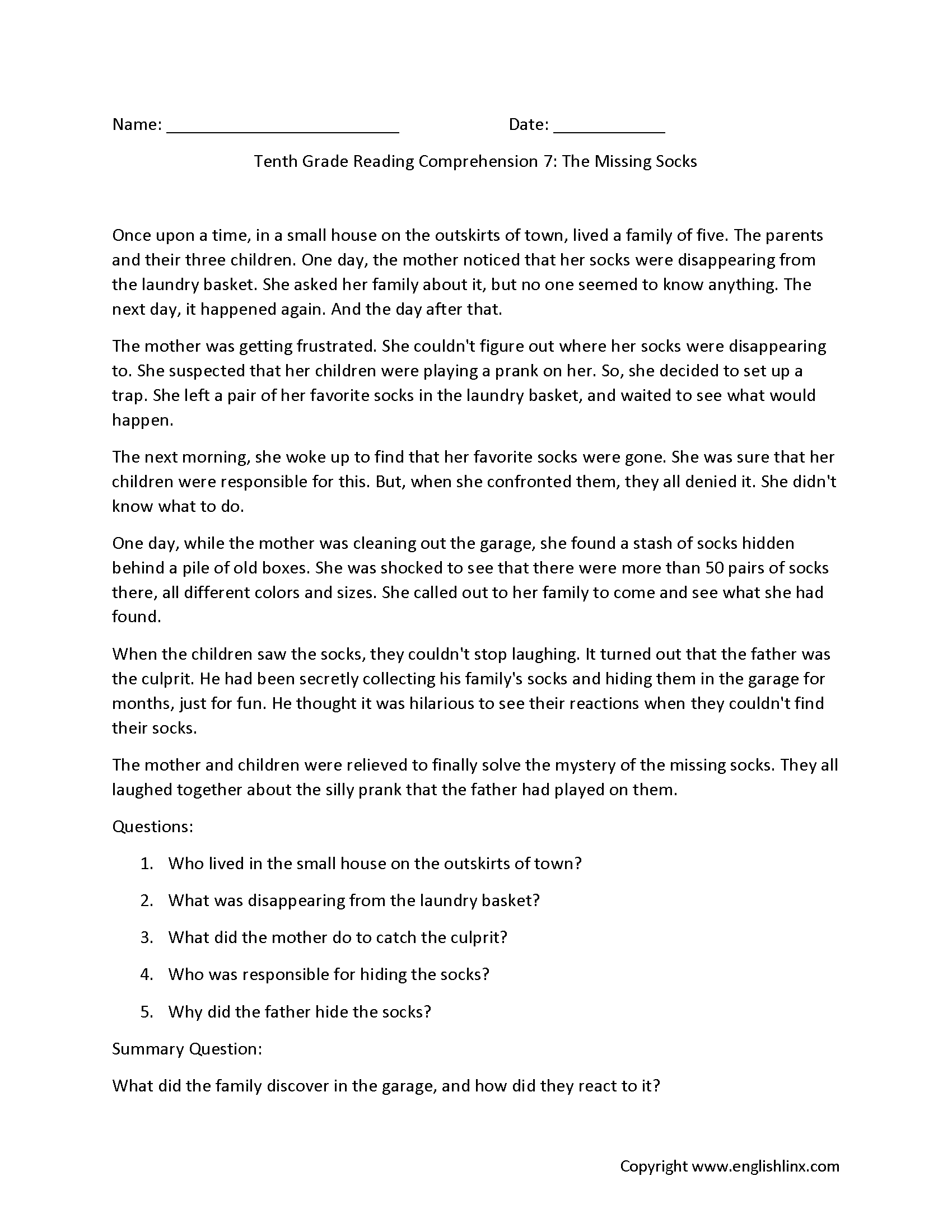 Reading Comprehension Worksheets Tenth Grade Reading Comprehension Worksheets