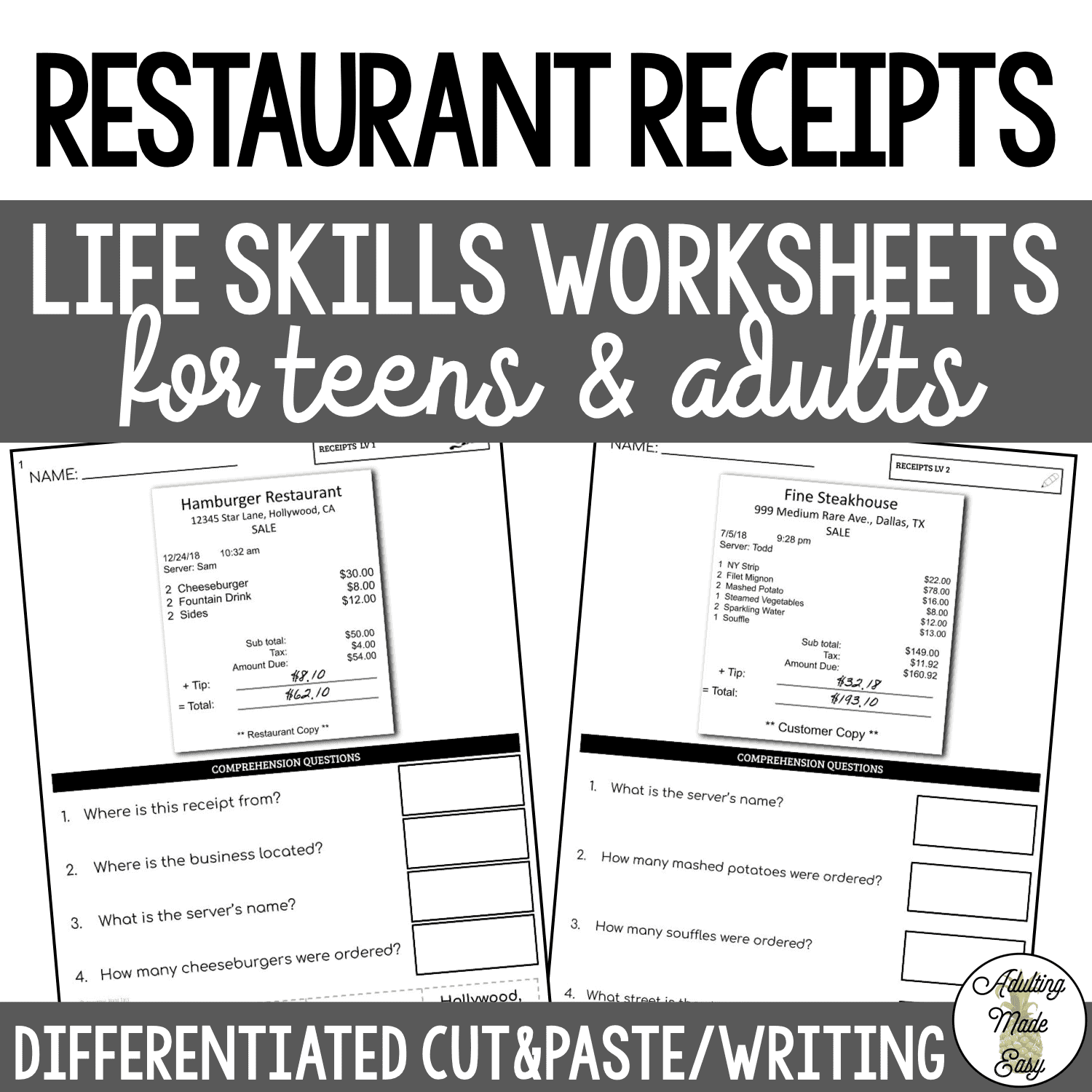 Reading Restaurant Receipts Worksheets Reading Restaurant Receipts Worksheets