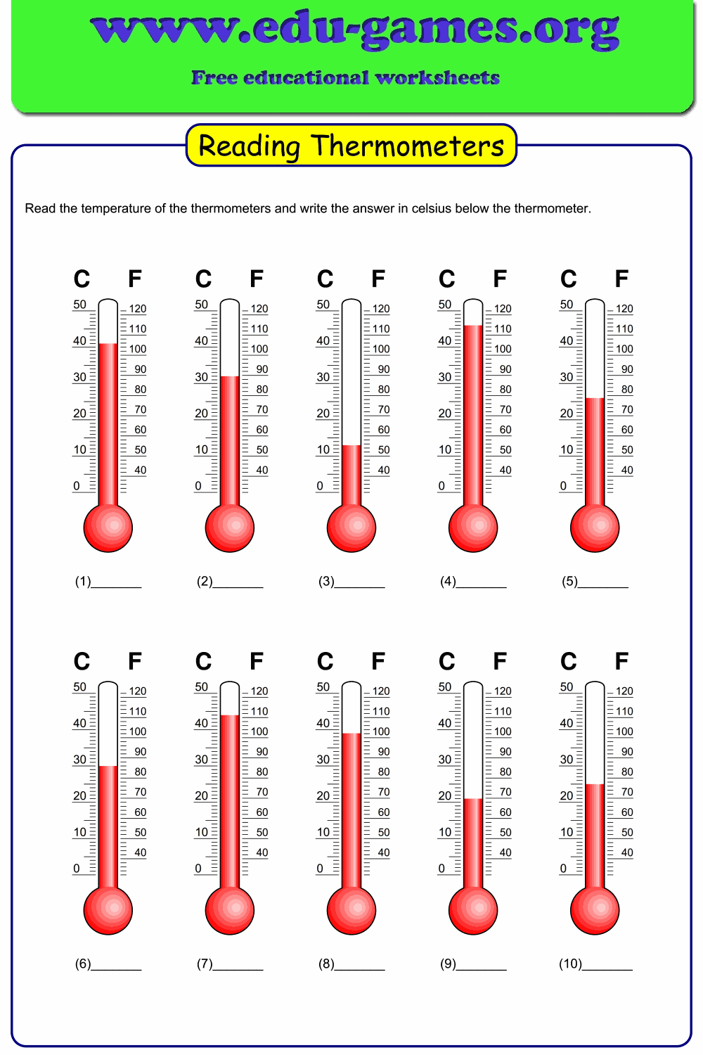 Reading Thermometer Worksheets Celsius Fahrenheit Free Printable PDF Generator