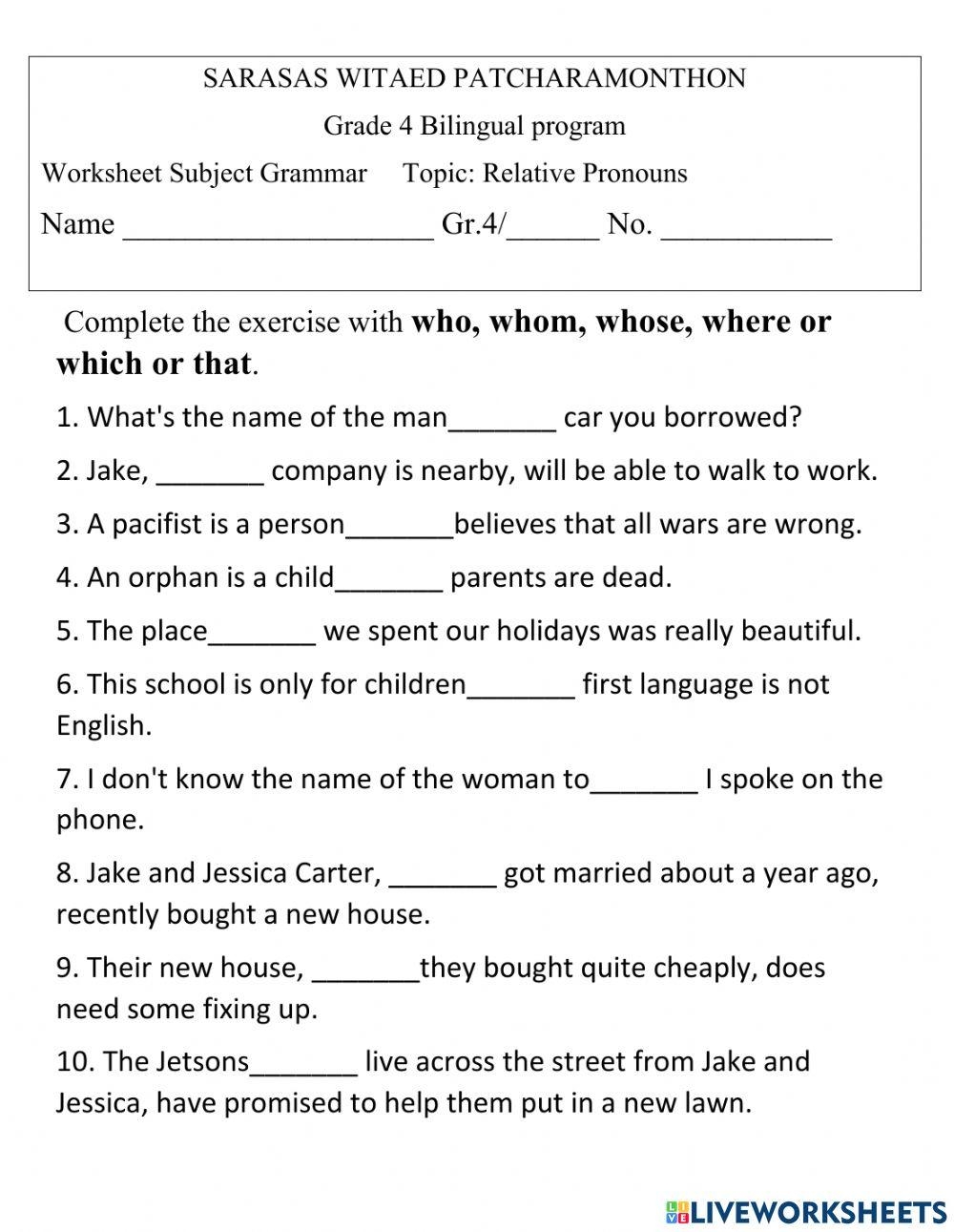 Relative Pronouns Online Exercise For 4 Worksheets Library