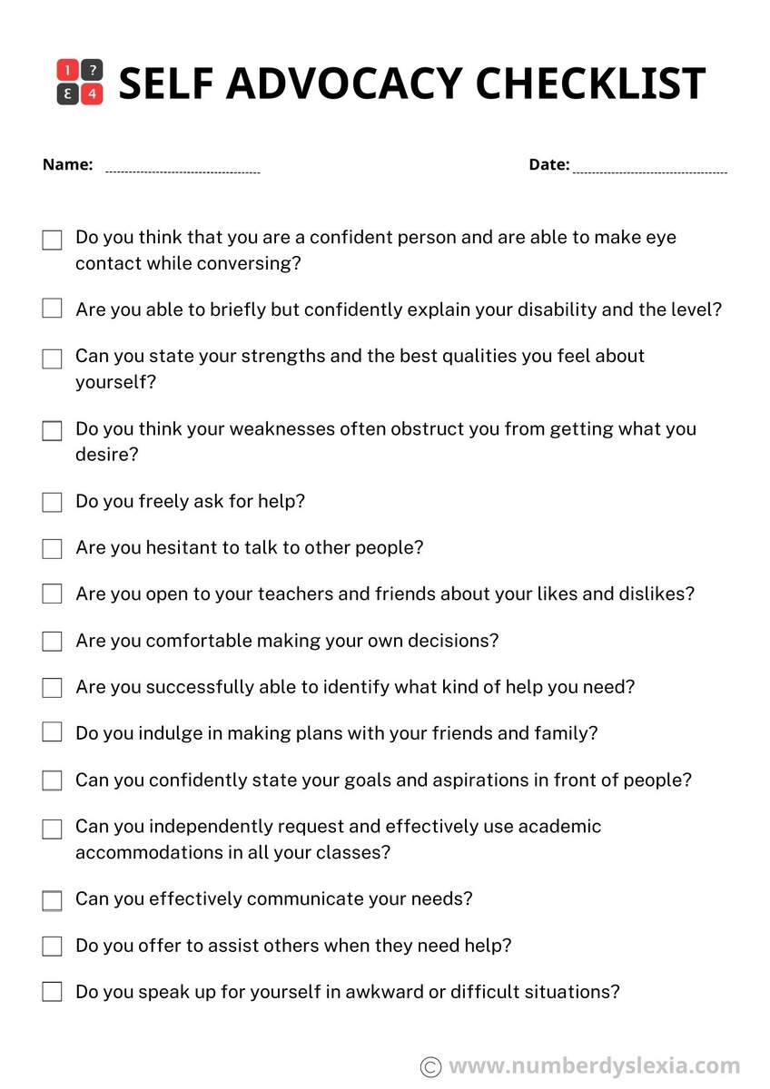 Self Advocacy Checklist PDF Included Number Dyslexia