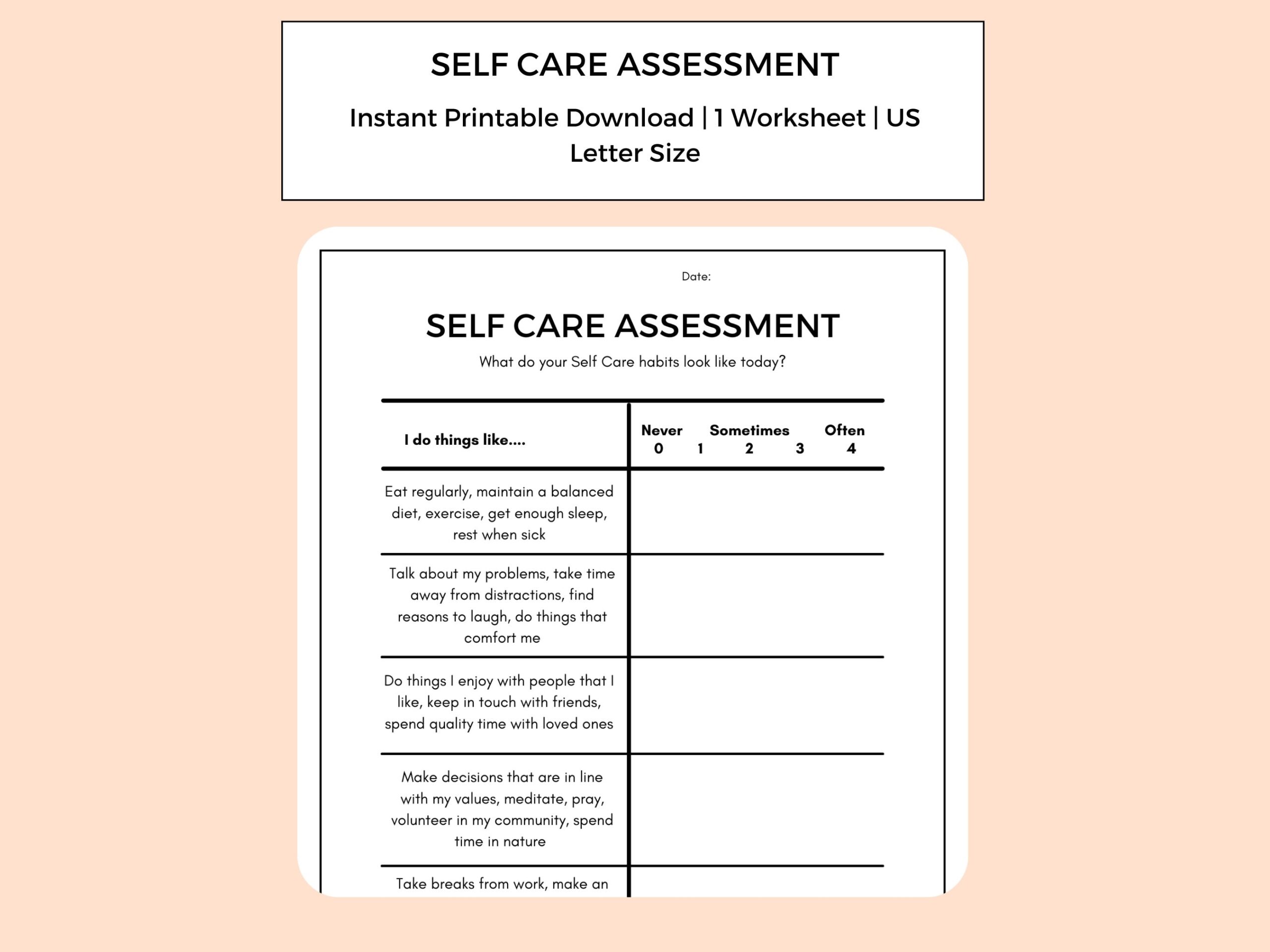 Self Care Assessment Self Care Worksheet Self Care Digital Download Etsy