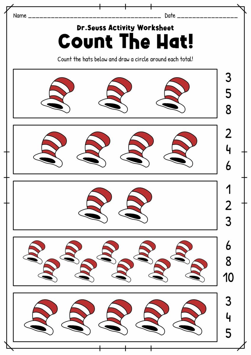 Seuss Worksheets The Cat In The Hat Worksheets Printable Cat In The Hat Crafts For Preschool
