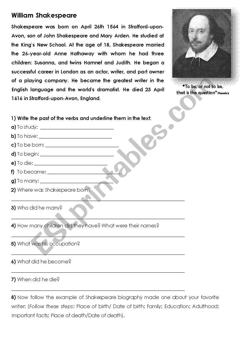 Shakespeare Biography Past Simple ESL Worksheet By Dany Faryas86