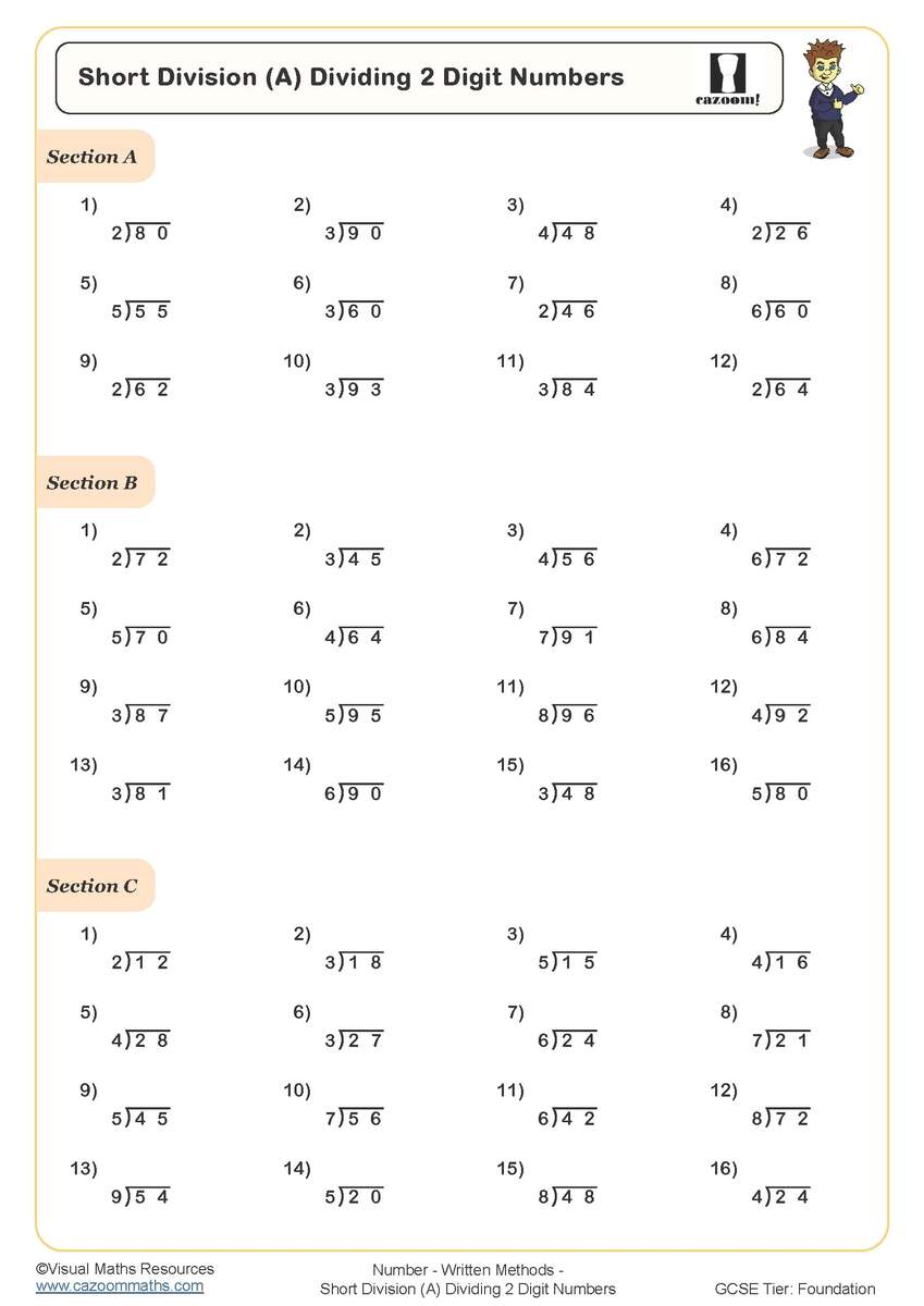 Short Division A Dividing 2 Digit Numbers Worksheet Printable PDF Bus Stop Division Worksheet