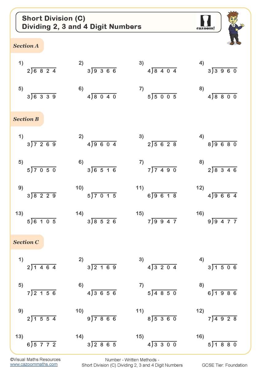 Short Division C Dividing 2 3 And 4 Digit Numbers Worksheet Printable Maths Worksheets Short Division C Dividing 2 3 And 4 Digit Numbers Worksheet Printable Maths Worksheets