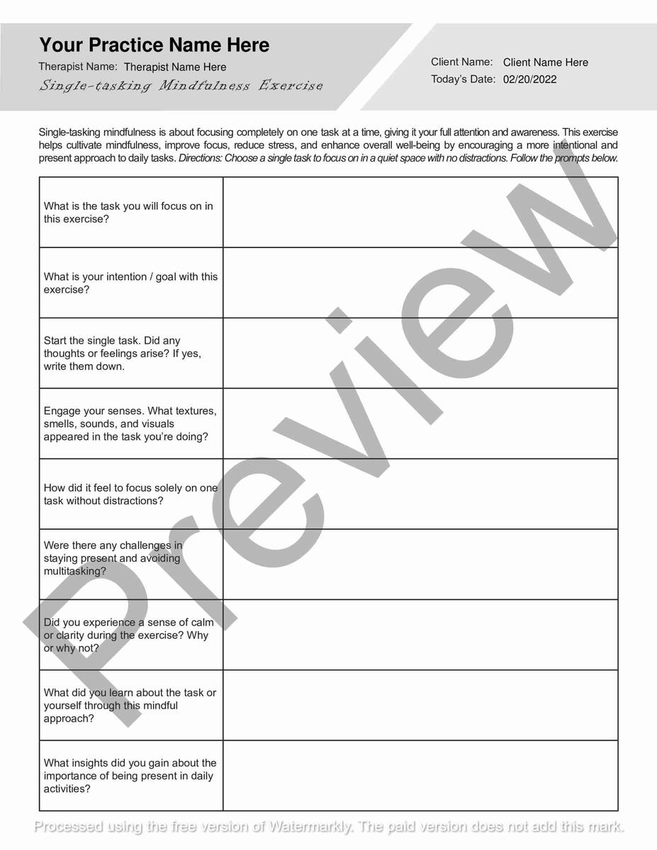 Single Tasking Mindfulness Exercise Worksheet PDF TherapyByPro