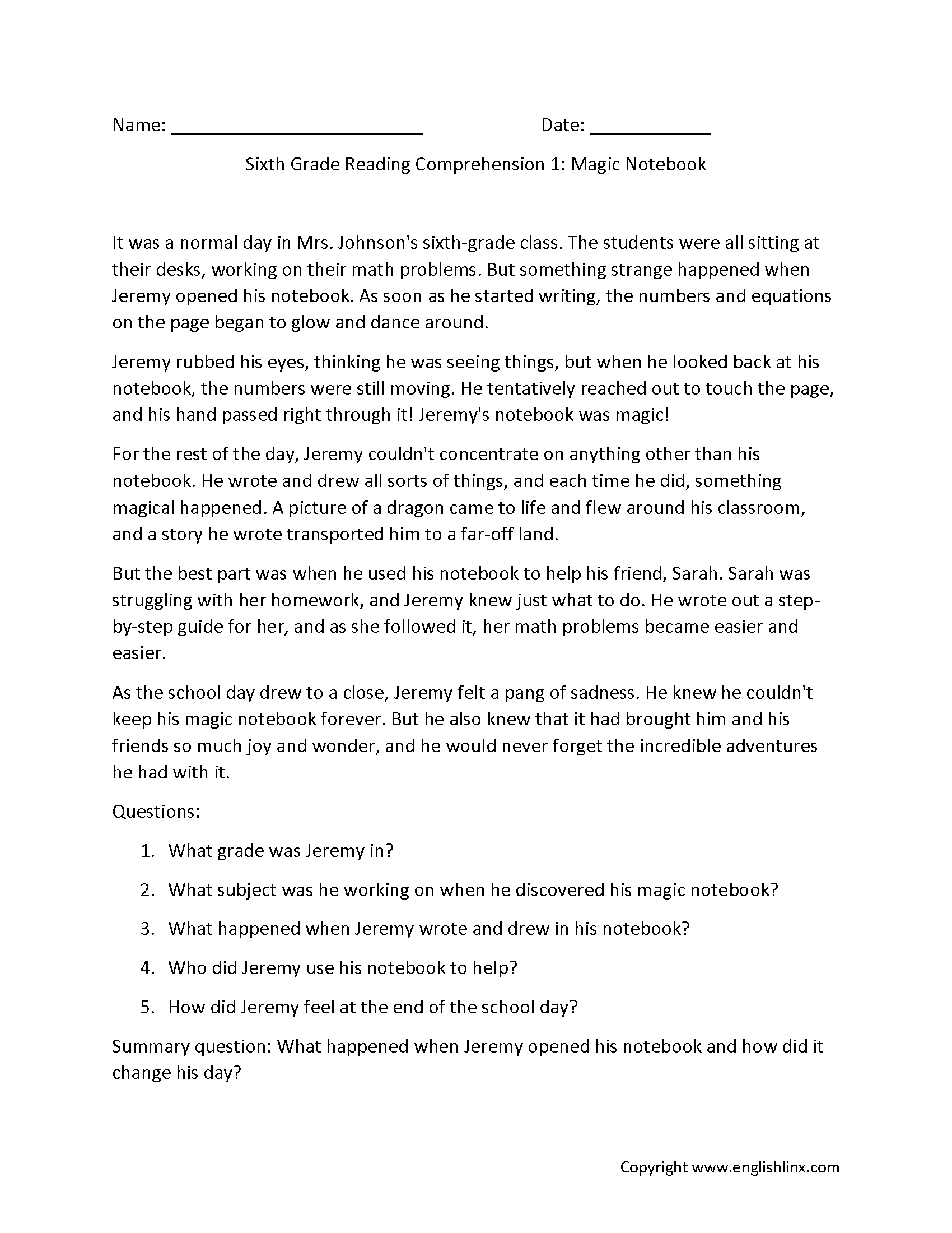 Grade 6 Reading Comprehension Grade1to6