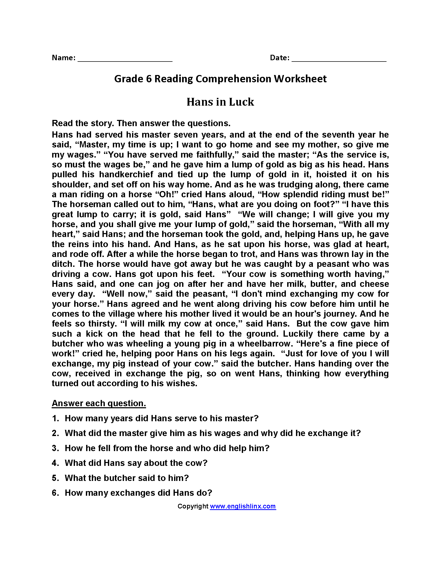 Grade 6 Reading Comprehension Grade1to6
