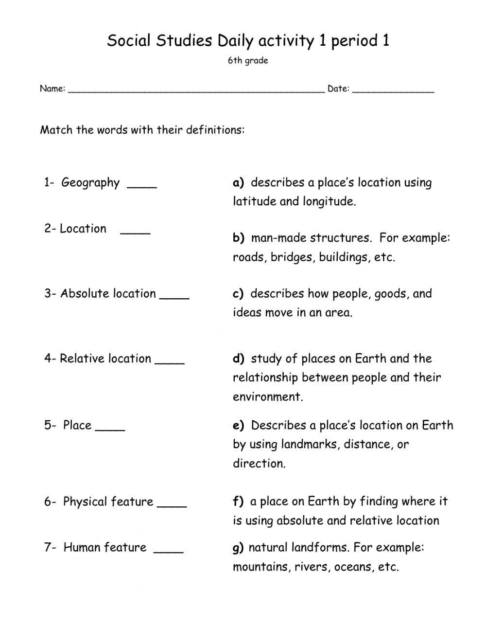 6th Grade Social Studies Unit 1 Worksheet WordMint
