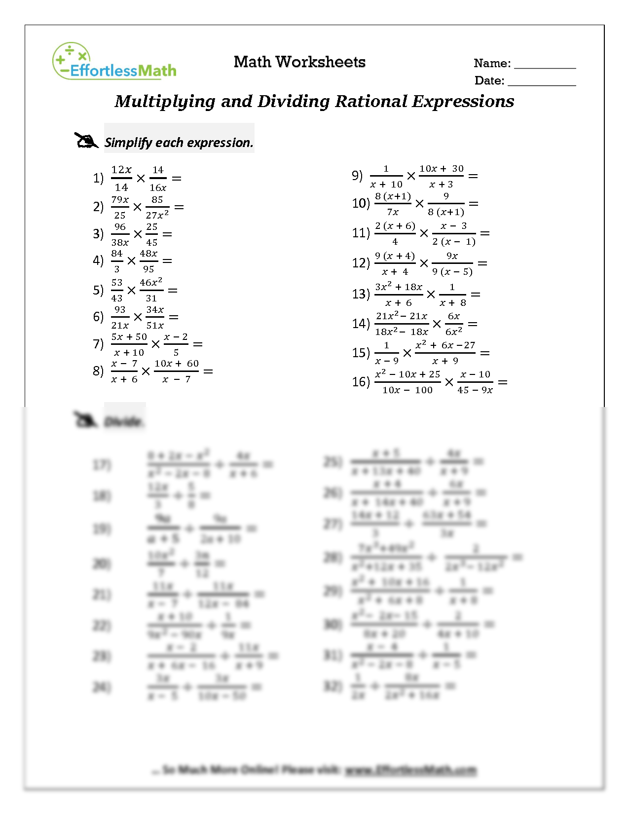 SOLUTION Multiplying And Dividing Rational Expressions Worksheet Worksheets Library