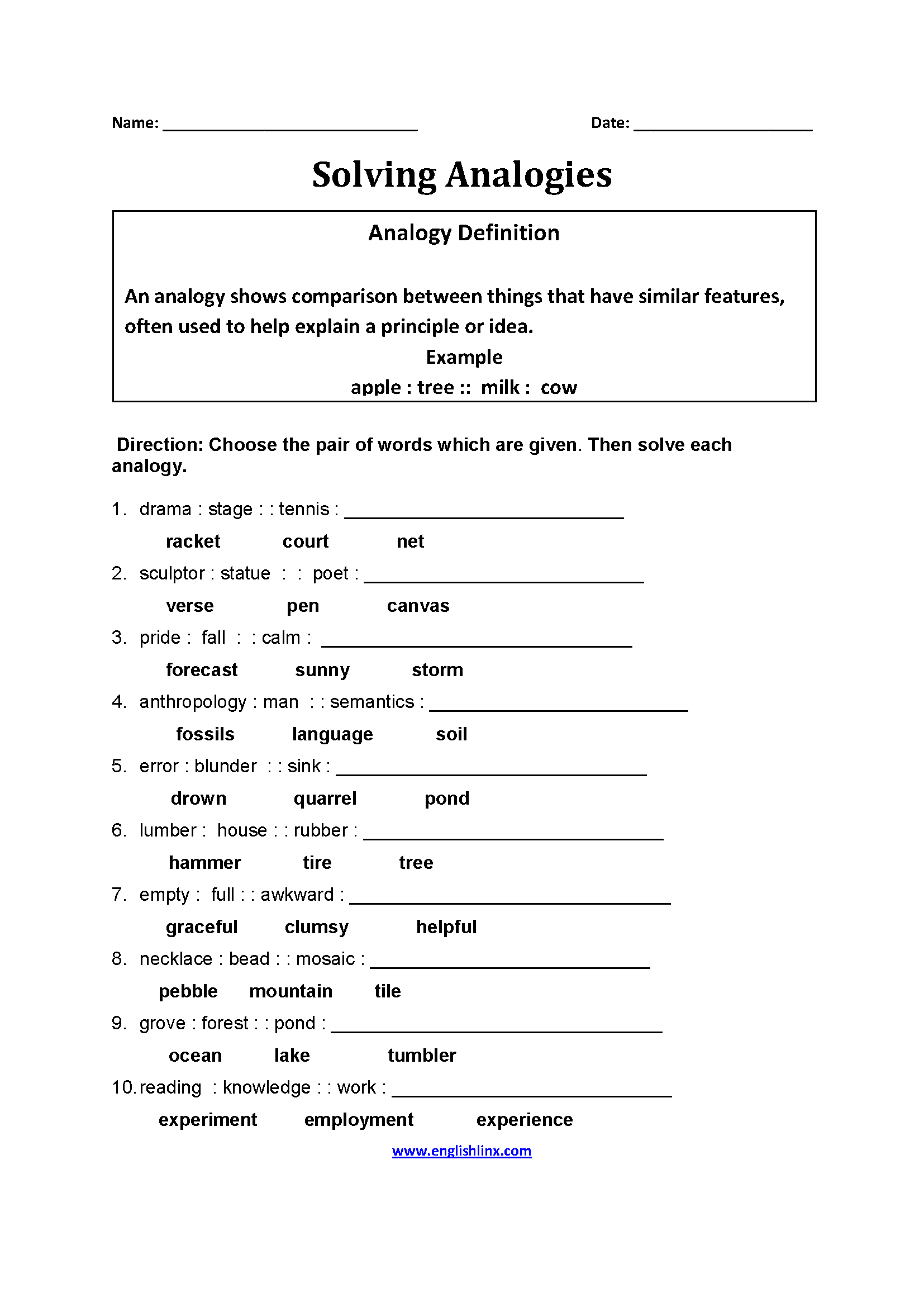Solving Analogies Solve Each Word Pair Analogy