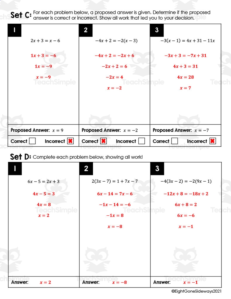 Solving Equations With Variables On Both Sides Leveled Checking Worksheet By Teach Simple