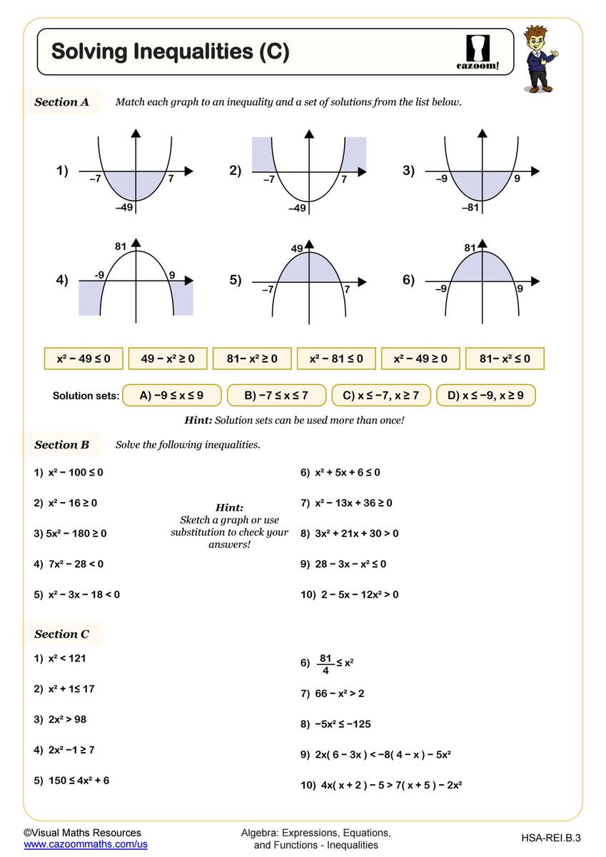Solve Quadratic Inequalities Worksheets