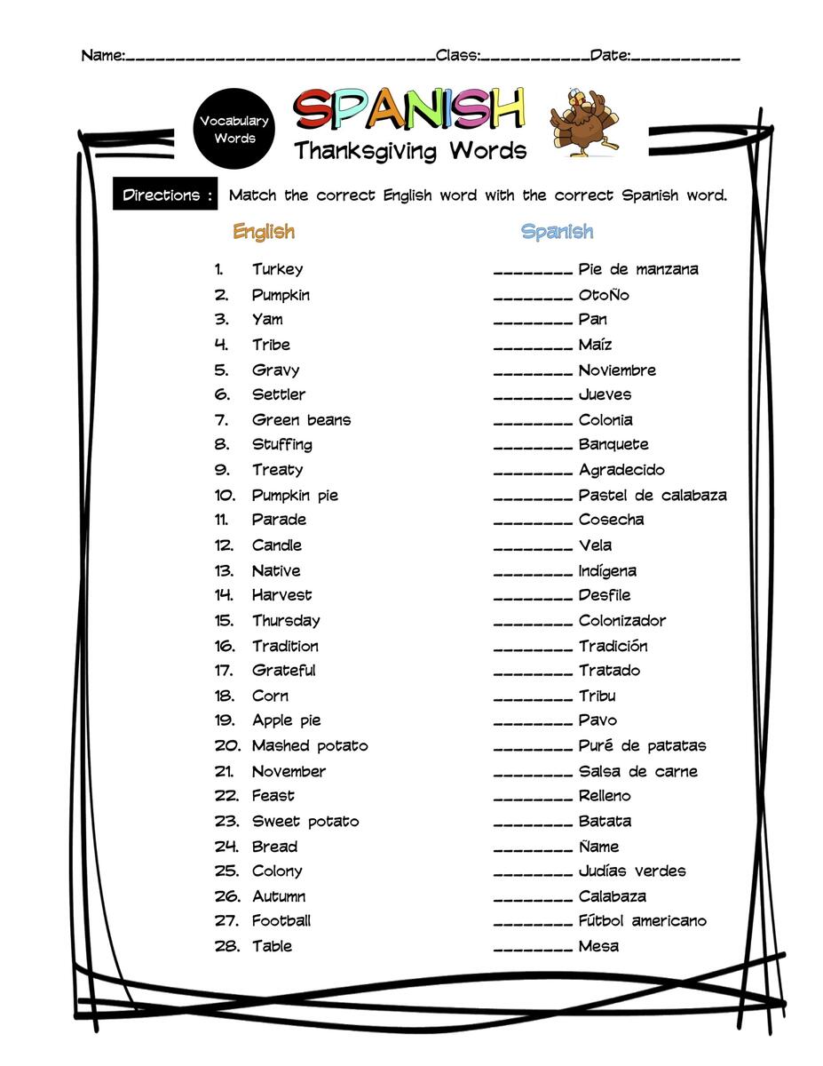 Spanish Thanksgiving Vocabulary Matching Worksheet Answer Key Made By Teachers