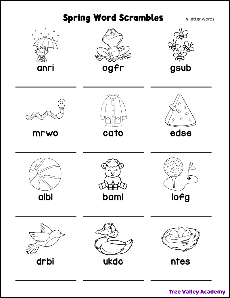 Spring Word Scrambles For Kids With Pictures Tree Valley Academy Custom Printable Spring Worksheet Templates Canva