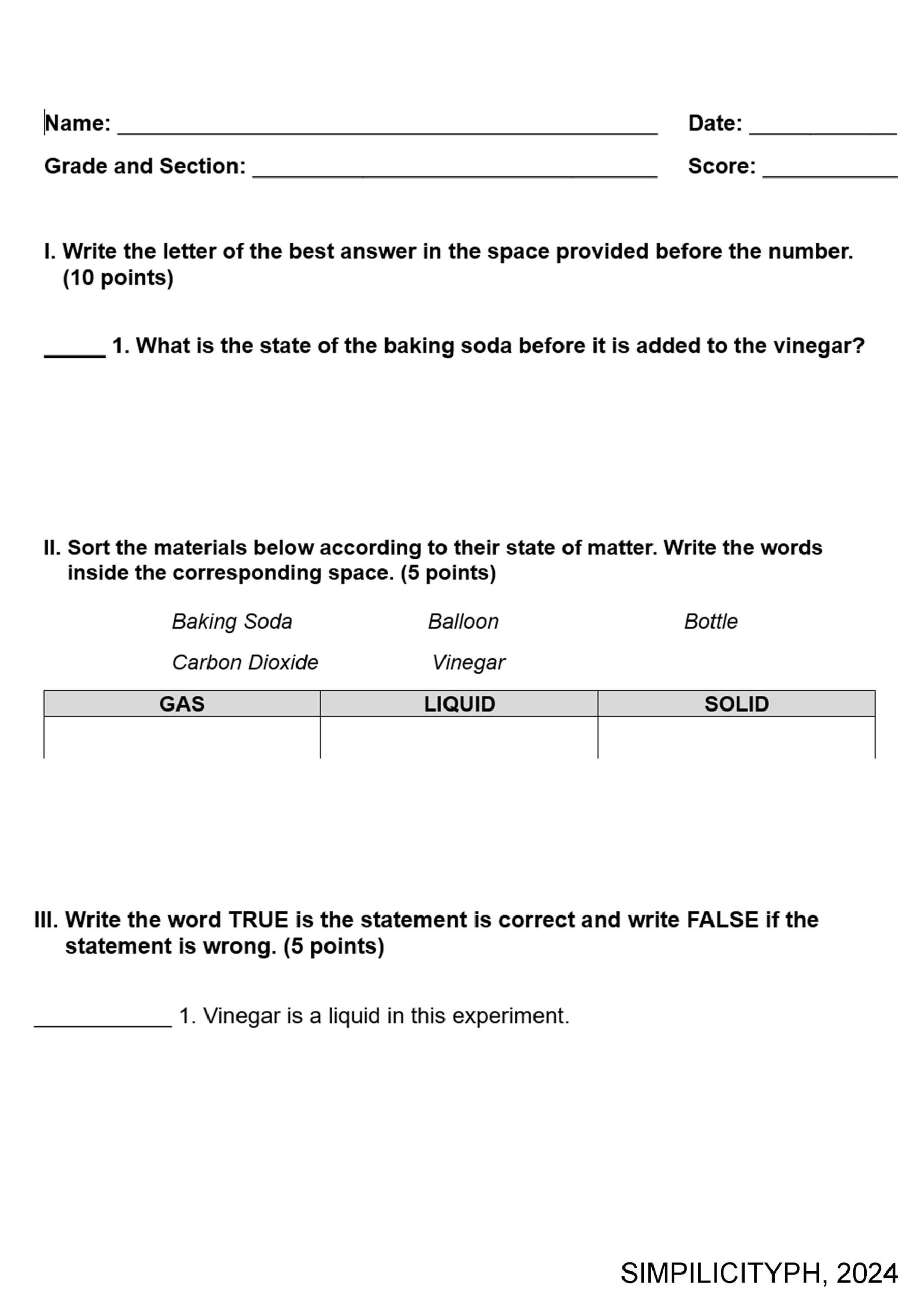 States Of Matter Science Experiment Worksheet Fun Easy Balloon Bottle Baking Soda And Vinegar Activity For Kids Etsy