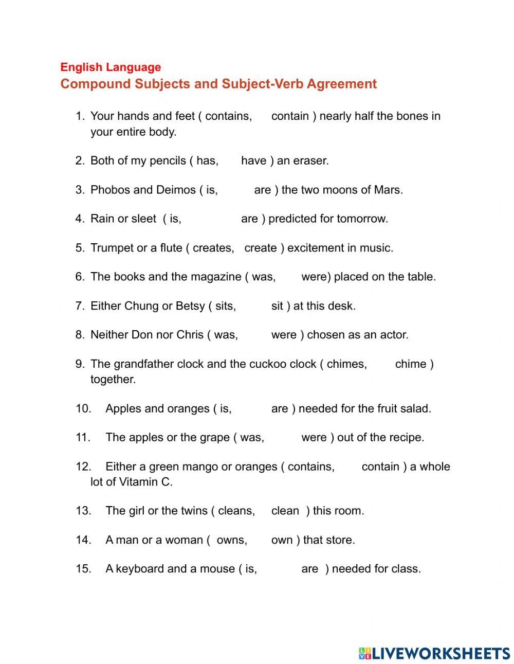 Subject Verb Agreement Compound Subjects 2 Online Exercise For Worksheets Library