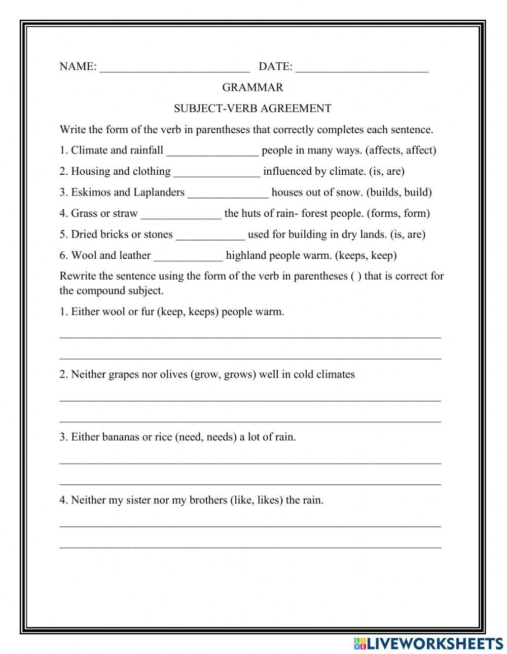 SUBJECT VERB AGREEMENT COMPOUND SUBJECTS Online Exercise For Worksheets Library