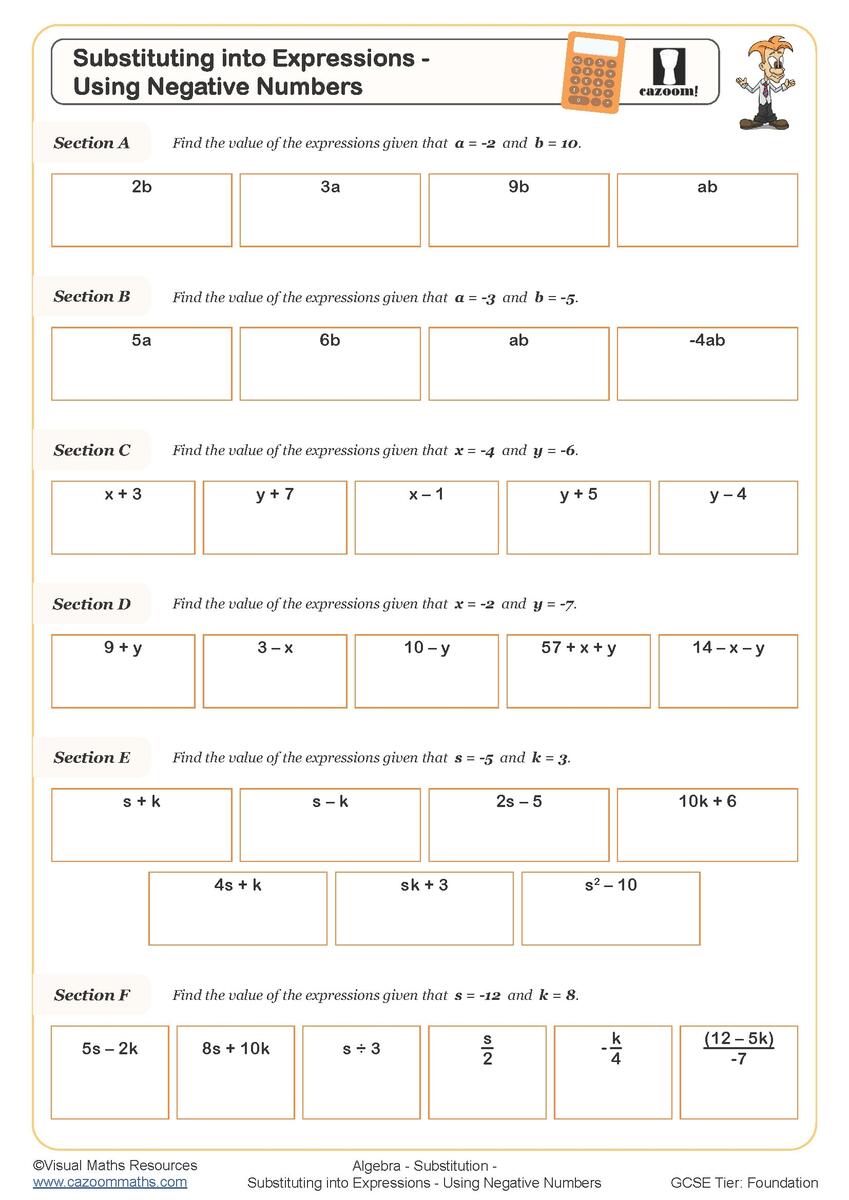 Substitution Worksheets Printable Worksheet On Substitution Into Formulae And Expressions PDF And Free Samples Downloads Cazoom Maths Substitution Worksheets Printable Worksheet On Substitution Into Formulae And Expressions PDF And Free Samples Downloads Cazoom Maths
