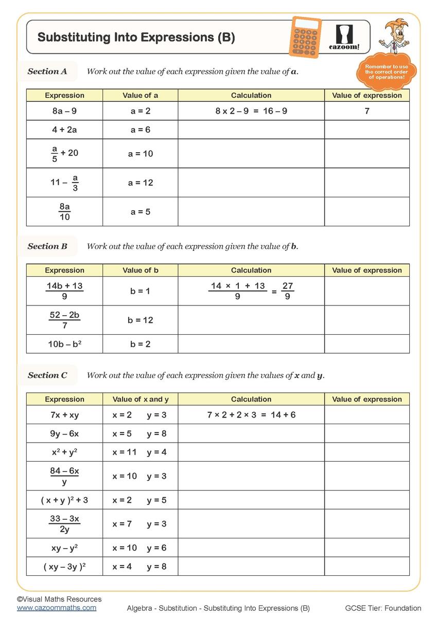 Substitution Worksheets Printable Worksheet On Substitution Into Formulae And Expressions PDF And Free Samples Downloads Cazoom Maths Free Worksheets For Evaluating Expressions With Variables Grades Worksheets Library