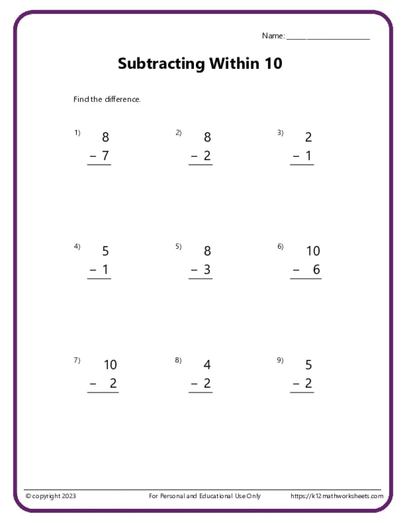 Subtract Within 5 10 And 20 K12 Math Worksheets Subtract Within 5 10 And 20 K12 Math Worksheets